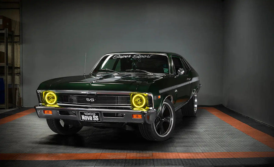 SS Nova with Pre-Installed 7" H6024/PAR56 Sealed Beam Halo installed, and yellow halos on.