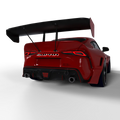 Rear view of a red Toyota Supra with Universal Illuminated LED Letter Badges installed above the license plate area.