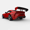 Rear view of a red Toyota Supra with Universal Illuminated LED Letter Badges installed above the license plate area.