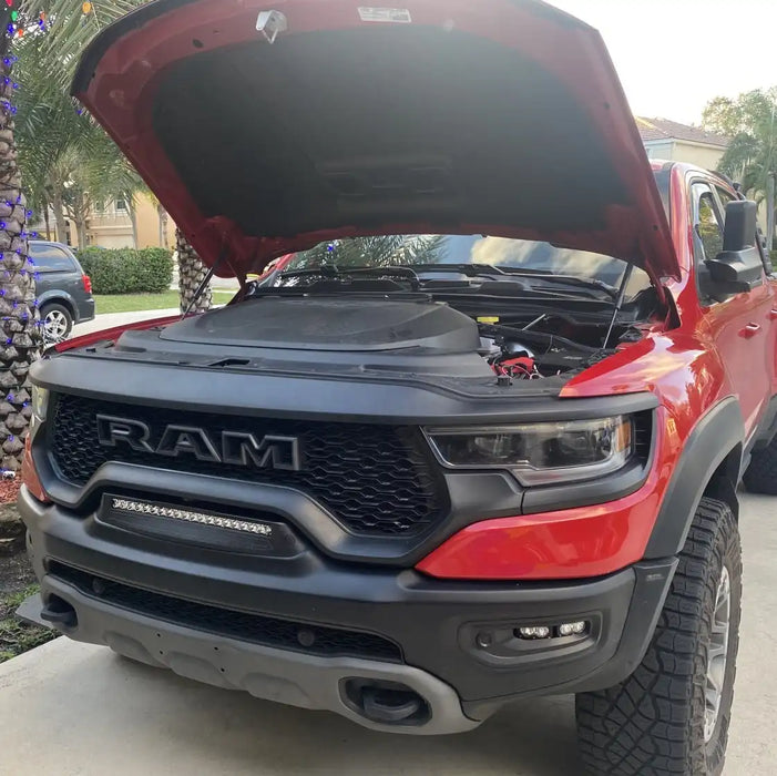 Front end of a RAM TRX with Front Bumper Flush LED Light Bar System installed.