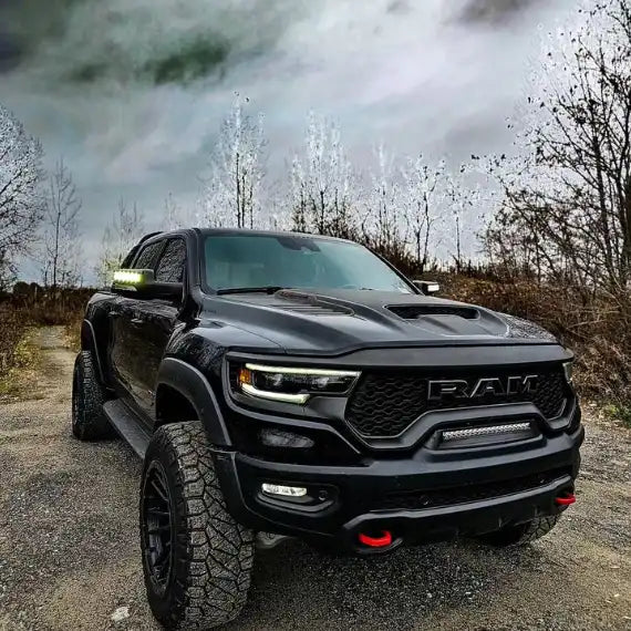 Front end of a RAM TRX with Front Bumper Flush LED Light Bar System installed.