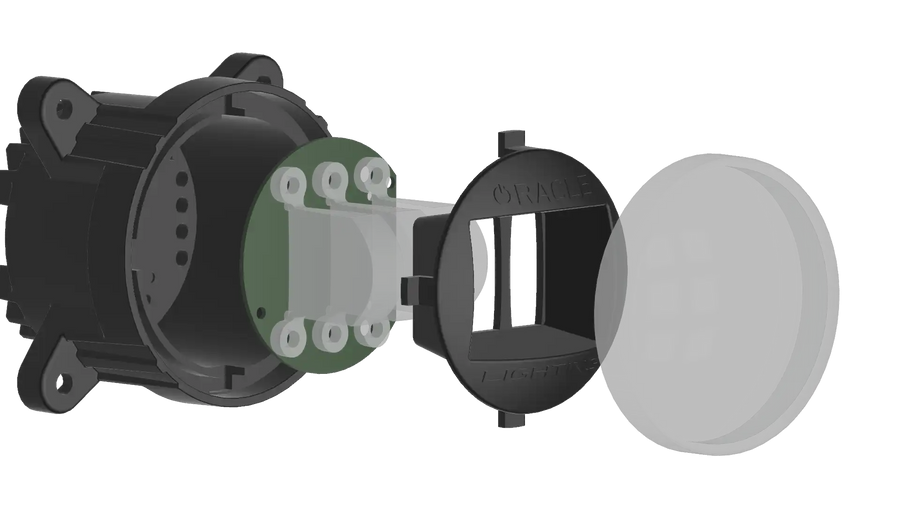 CAD Rendering of a deconstructed 60mm 15W Low Beam LED Emitter Module