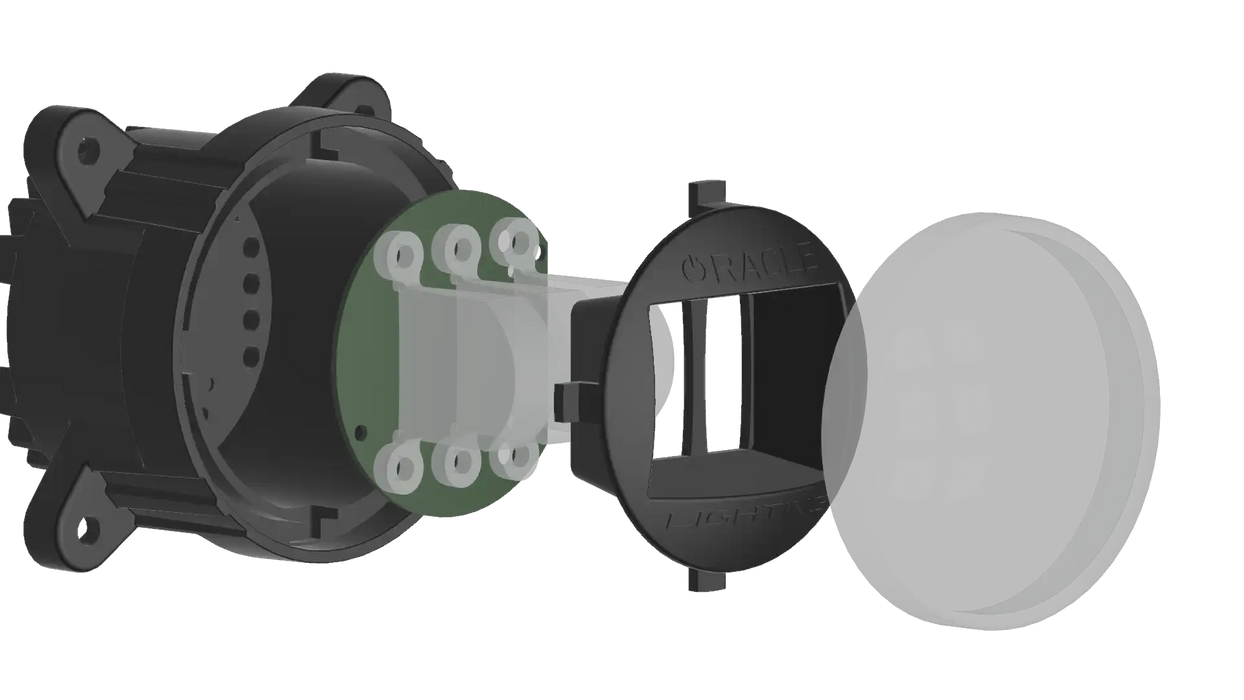 CAD Rendering of a deconstructed 60mm 15W Low Beam LED Emitter Module
