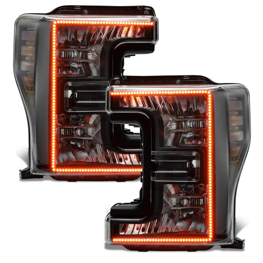 Ford SuperDuty headlights with amber halos.
