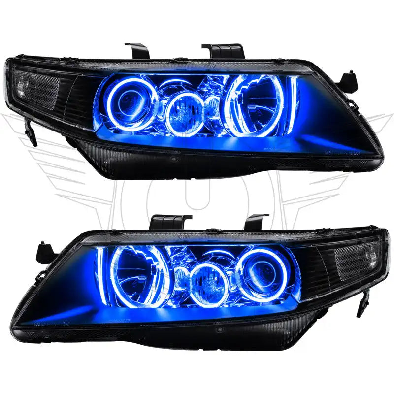 Acura TSX headlights with blue LED halo rings.