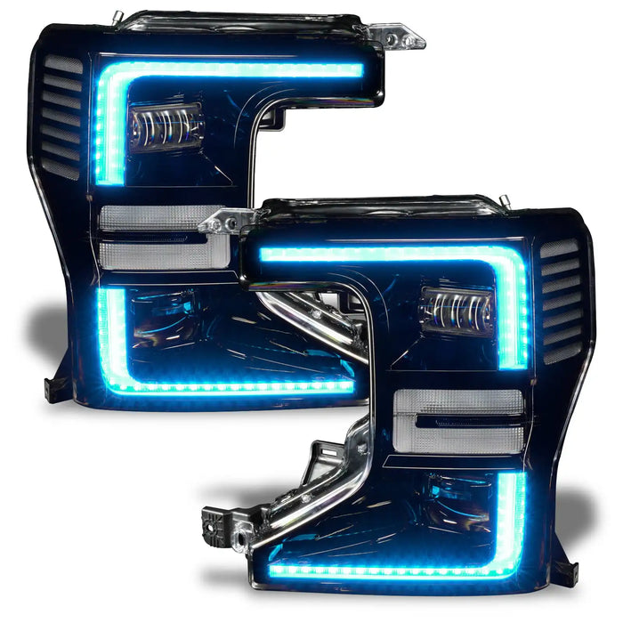 Ford Superduty headlights with cyan DRLs.