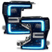 Ford Superduty headlights with cyan DRLs.