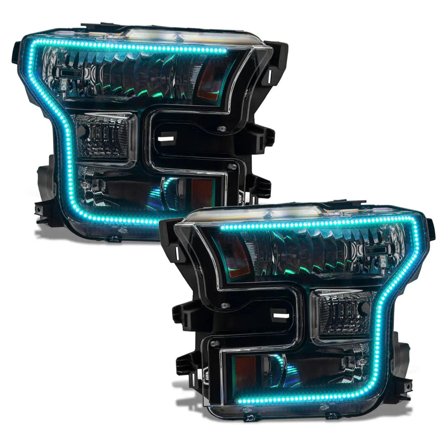 Ford F-150 headlights with cyan DRLs.