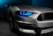 Close-up of Ford Mustang headlight with cyan LEDs.