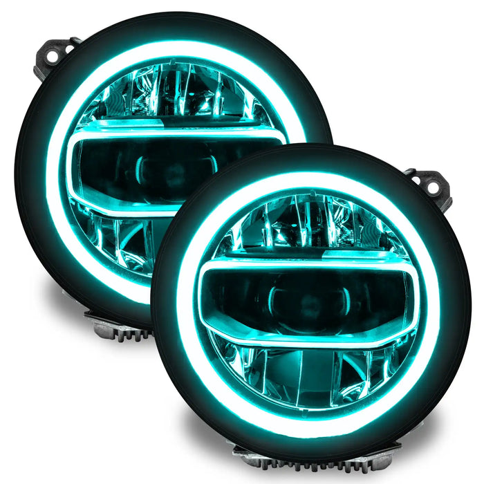 Jeep Wrangler JL headlights with aqua DRLs.