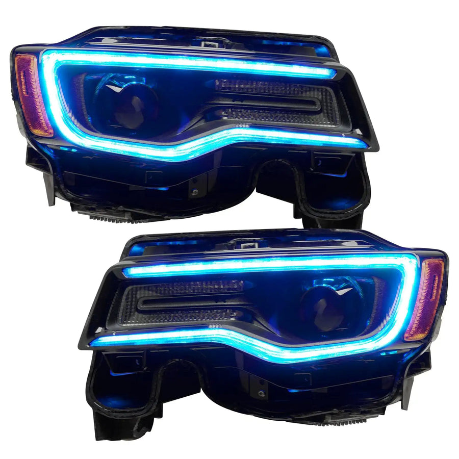 Jeep Grand Cherokee headlights with cyan DRLs.