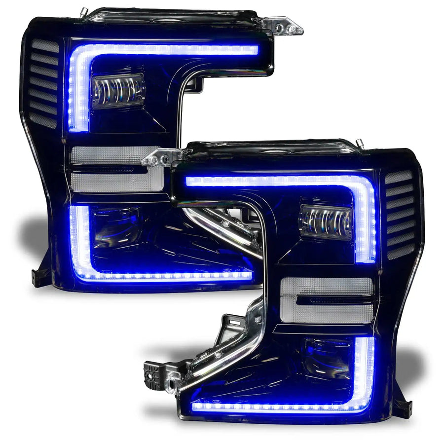 Ford Superduty headlights with blue DRLs.