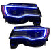 Jeep Grand Cherokee headlights with blue DRLs.