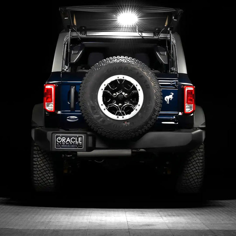 Rear view of bronco with cargo light illumination