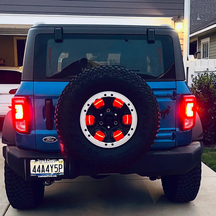 Rear view of a Ford Bronco with Spare Tire Wheel Ring Third Brake Light installed.