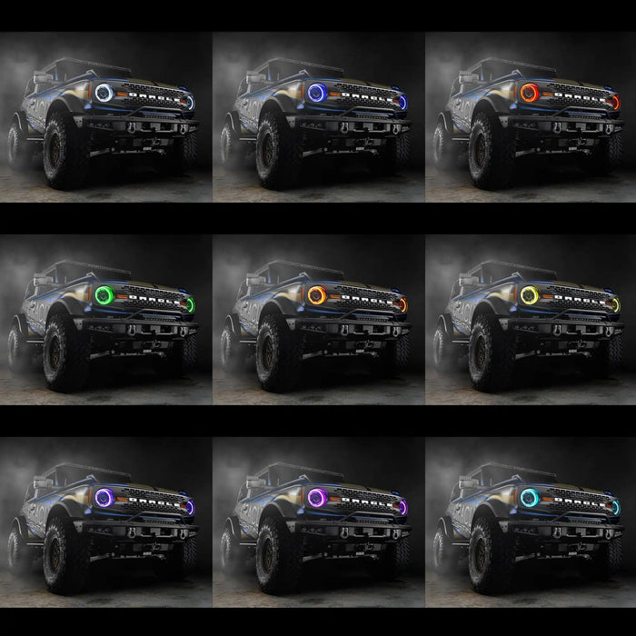 Grid of images showing a Ford Bronco with different colored headlights.