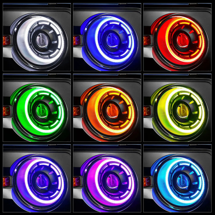 Grid of LED lights in various colors on a dark background