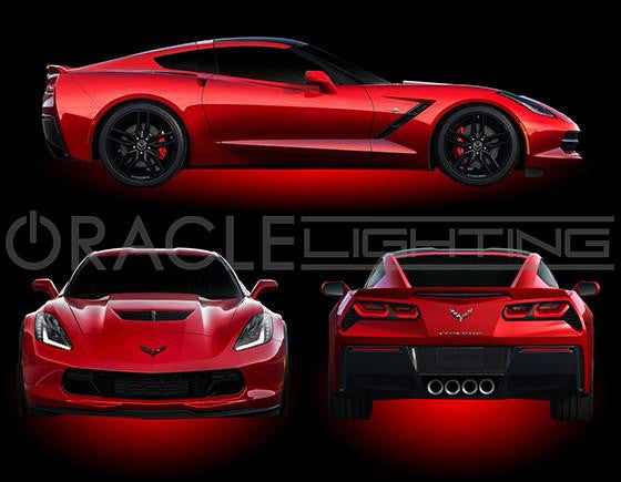 Front, side, and back view of LED underbody kit installed on corvette