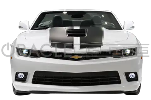 Front end of a white Chevrolet Camaro with white LED fog light halo rings installed.