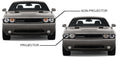 Two Dodge Challengers side by side, with labels pointing to the headlights on each one. One label reads "projector," and the other one reads "non-projector."