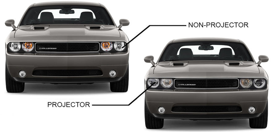 Two Dodge Challengers side by side, with labels pointing to the headlights on each one. One label reads "projector," and the other one reads "non-projector."
