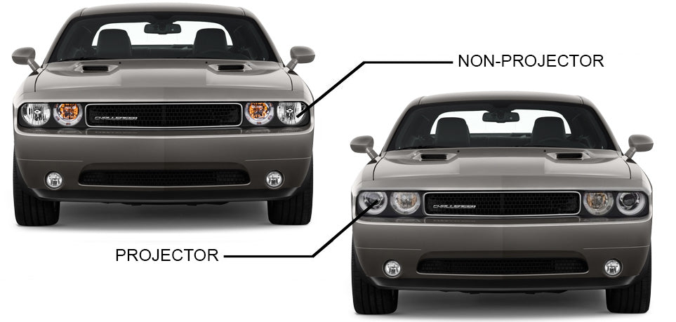 Two Dodge Challengers side by side, with labels pointing to the headlights on each one. One label reads "projector," and the other one reads "non-projector."