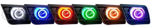 Grid view of Chevrolet Camaro fog lights showing different color surface mount LED halo rings.