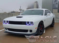 Three quarters view of a white Dodge Challenger with white LED headlight and fog light halo rings installed.
