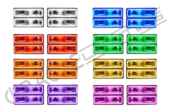 Grid view of GMC Yukon headlights showing different color LED halo rings.