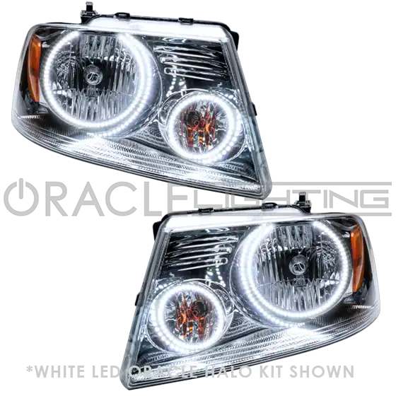 Ford F-150 headlights with white LED halo rings.