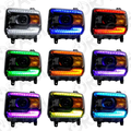 Grid view of GMC Sierra headlights showing different color DRLs.