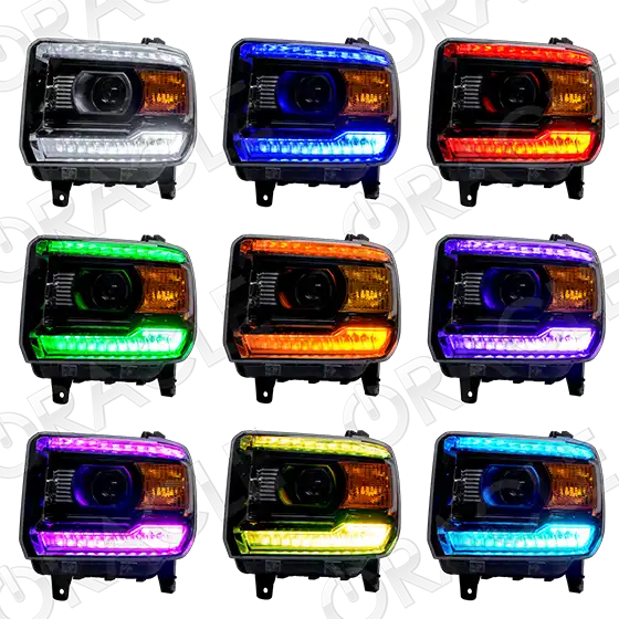 Grid view of GMC Sierra headlights showing different color DRLs.