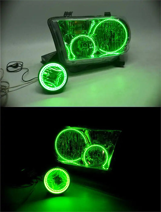 2008-2016 Toyota Sequoia LED Headlight Halo Kit with green LED halos.
