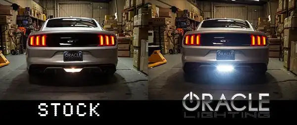 Side by side comparison of stock reverse light versus brighter ORACLE Lighting High Output LED Reverse Light.