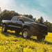 Black pickup truck in a grassy field with trees in the background