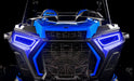 Close-up of RZR grill with blue DRL headlights