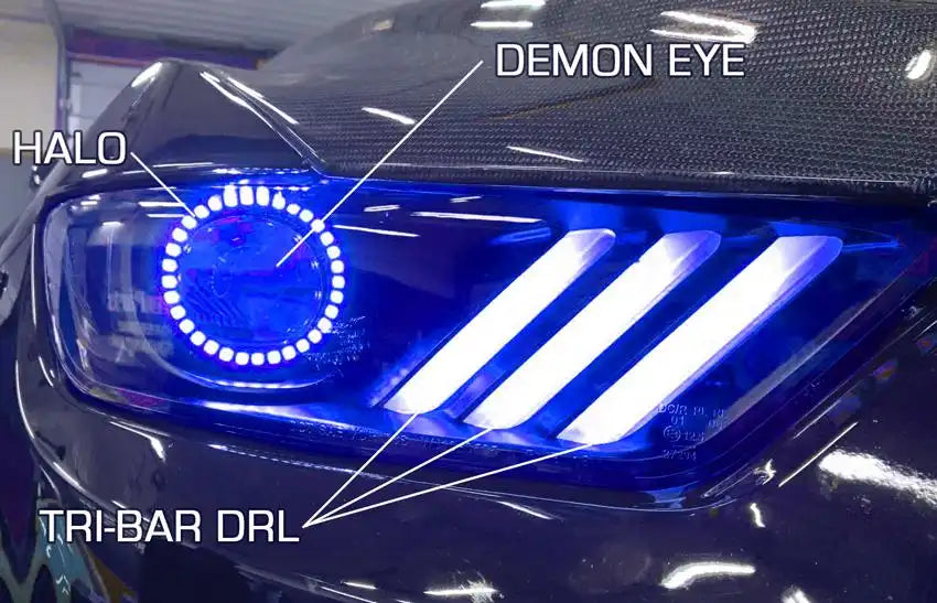 Close-up on Ford Mustang Pre-Assembled Headlights with parts labeled