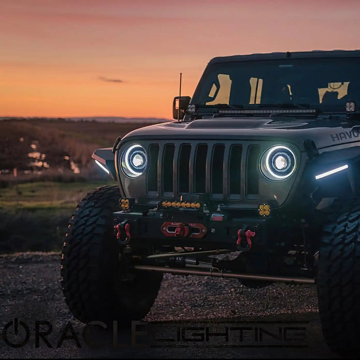 Front end of a Jeep Wrangler JL with Oculus Headlights installed.