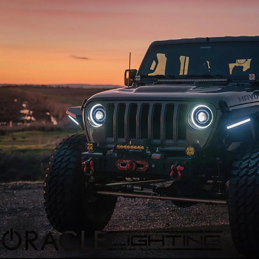Front end of a Jeep Wrangler JL with Oculus Headlights installed.