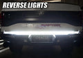 Rear view of a Ford Raptor with 60" Double Row LED Truck Tailgate Light Bar installed and reverse lights on.