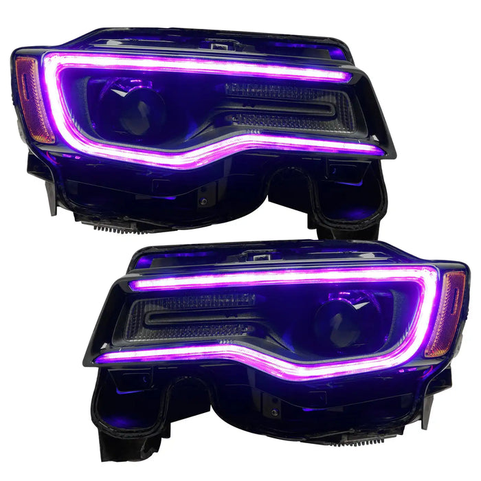Jeep Grand Cherokee headlights with pink DRLs.