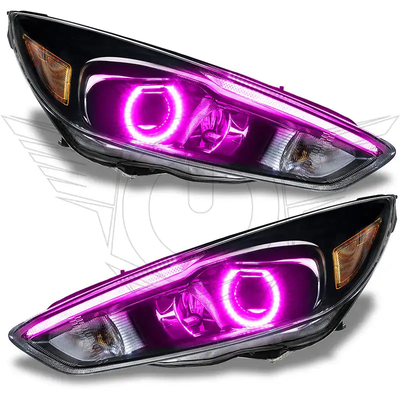 Ford Focus headlights with pink halo rings.