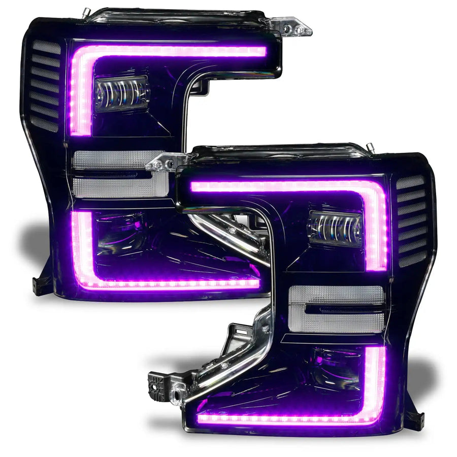 Ford Superduty headlights with pink DRLs.
