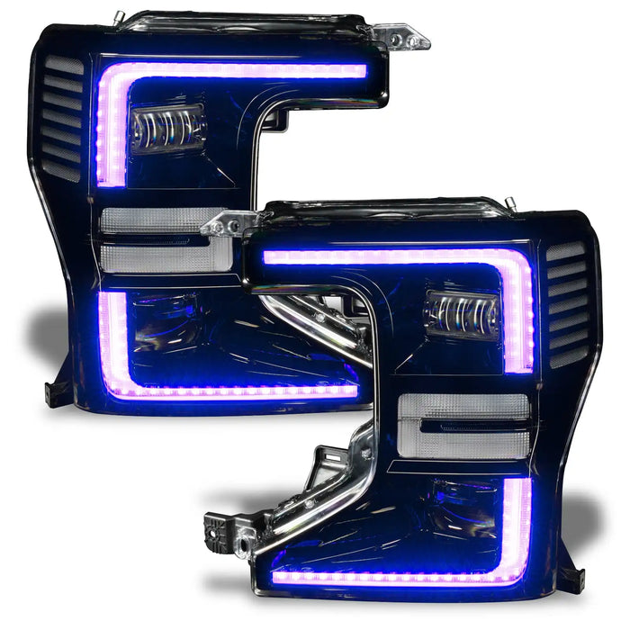 Ford Superduty headlights with purple DRLs.