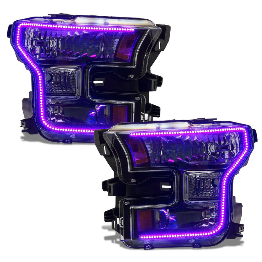 Ford F-150 headlights with purple DRLs.