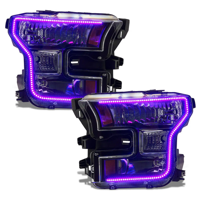 Ford F-150 headlights with purple DRLs.