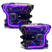 Ford F-150 headlights with purple DRLs.