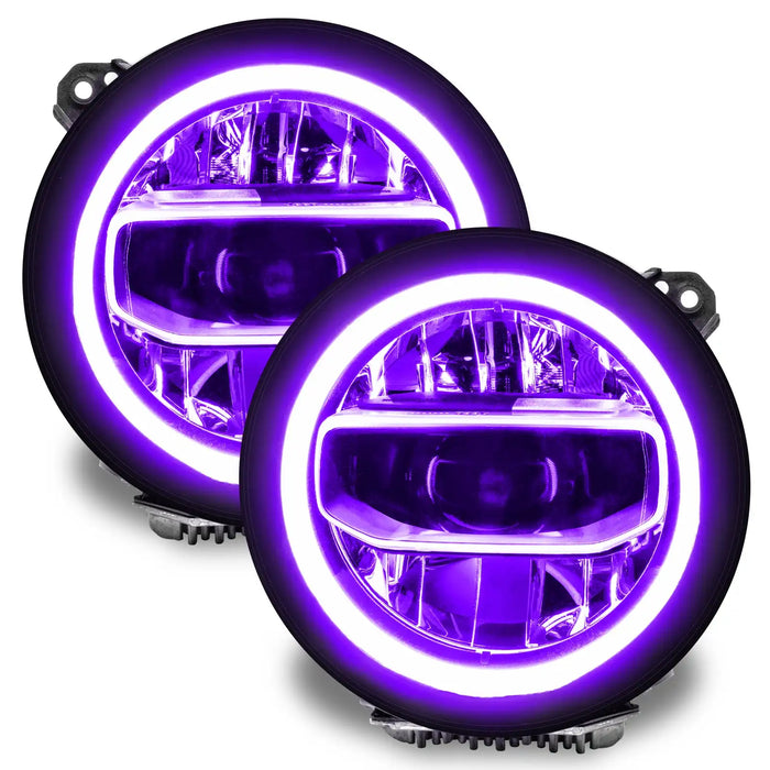 Jeep Wrangler JL headlights with purple DRLs.