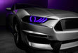 Close-up of Ford Mustang headlight with purple LEDs.