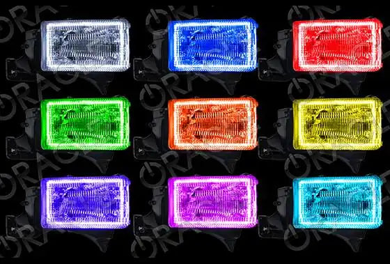 Grid view of Dodge Ram headlights showing different color LED halo rings.